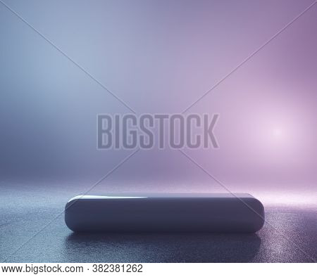 Stage mockup with pedestal in neon light duotone colors. Energy and show background. 3D render