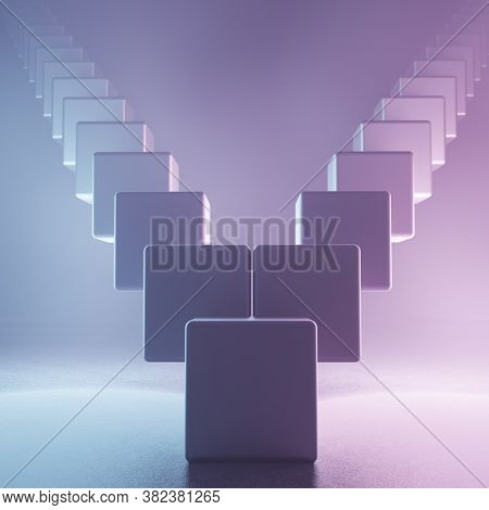 Abstract shape made with cubes in neon light duotone colors. Energy and show background. 3D render