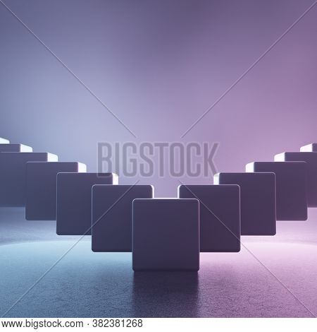 Abstract shape made with cubes in neon light duotone colors. Energy and show background. 3D render