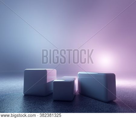 Stage mockup with cubes in neon light duotone colors. Energy and show background. 3D render