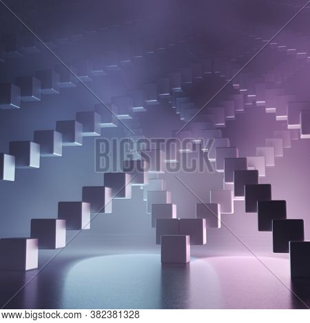Abstract shape made with cubes in neon light duotone colors. Energy and show background. 3D render