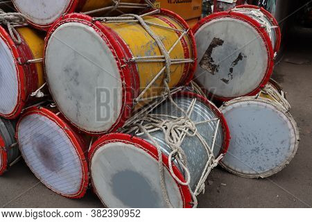Big Traditional Indian Drums Used As A Musical Instrument. Drums Are Used During Festivals To Creat 