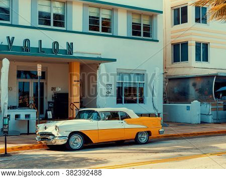 Miami Beach, Usa - February 26, 2019: Oldsmobile Rocket 88 Parked By Famous Avalon Hotel In South Be