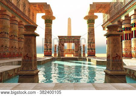 Egyptian Pool With Obelisk 3d Illustration - Ornate Egyptian Architecture With Hieroglyphs Surround 