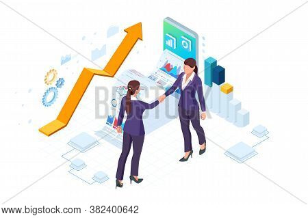 Isometric Business To Business Marketing, B2b Solution, Business Marketing Concept. Two Business Par