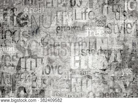 Old Newspaper Paper Grunge With Letters, Words Texture Background. Black And White Vintage Newspaper