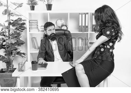 Employee Hiring. Company Employer And Employee. Professional Couple In Office. Business Woman And Ma