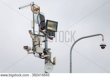Multiple Outdoor Cctv Security Cameras Attached The Light Pole
