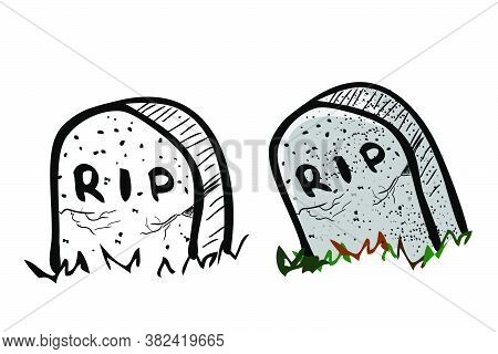 Vector Doodle Hand Draw Sketch, Christian Stone Grave And Grass, Isolated On White.