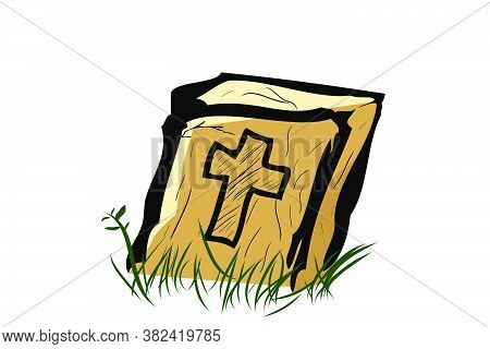 Vector Doodle Hand Draw Sketch, Christian Wooden Grave And Grass, Isolated On White