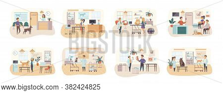 Veterinary Clinic Bundle Of Scenes With Flat People Characters. Veterinarian Examining Dog And Cat I