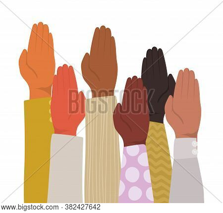 Up Hands With Closed Palm Of Different Types Of Skins Design, Diversity People Multiethnic Race And 