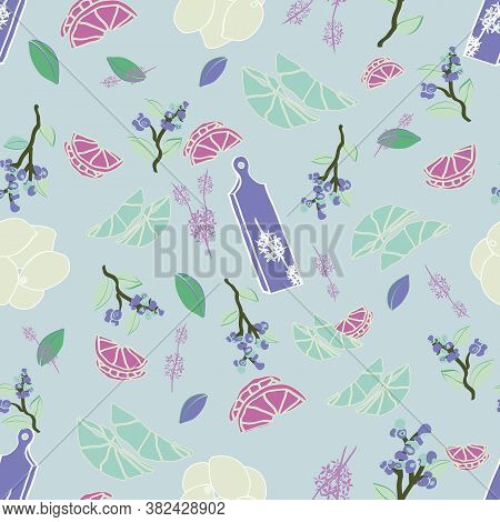 Vector Light Green Seamless Pattern With Lemons, Blueberries, Leaves, Herbs And Cutting Boards.  Gre
