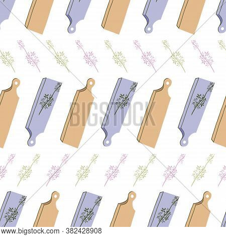 Vector White Seamless Pattern With Multiple Cutting Boards And Herbs.  Great For Kitchenware, Househ