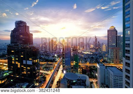Beautiful View Of Bangkok Cityscpae Area Sunset View