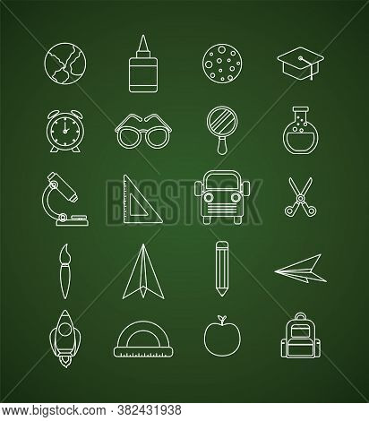 Chalck Icon Set On Green Board Design, Back To School Eduacation Class Lesson Theme Vector Illustrat