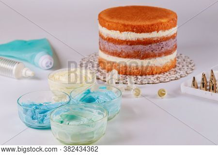 Blue And White Icing With Cake, Icing Bag And Tips For Decoration.