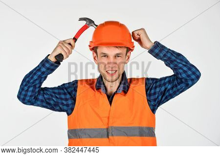 Man Repair Master Knoking Own Head Claw Hammer, Neglect Safety Concept