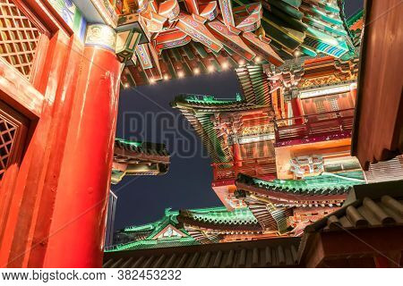 ancitent pavilion in nan chang jiang xi province China at night,All Chinese words only introduce itself which means 
