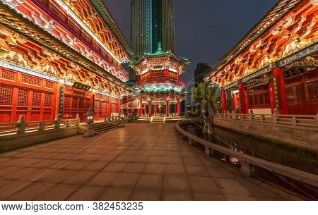 ancitent pavilion in nan chang jiang xi province China at night,All Chinese words only introduce itself which means 