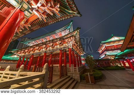 ancitent pavilion in nan chang jiang xi province China at night,All Chinese words only introduce itself which means 