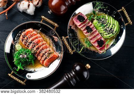 Lightly Fried Tuna, Seared Tuna And Salmon Japanese Tuna And Salmon Two Dishes Top View, Flat Lay