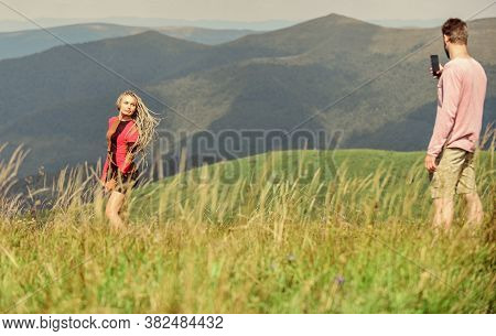 Travel Together With Darling. Couple Taking Photo. Couple In Love Hiking Mountains. Snapping Memorie