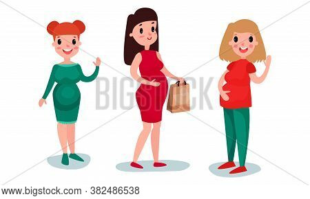 Young Pregnant Woman Waving Hand And Walking Vector Illustration Set