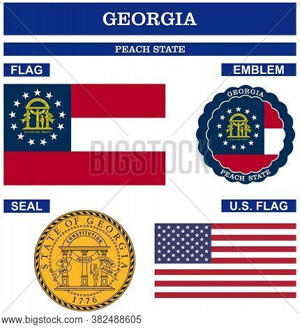 Georgia Symbol Collection With Flag, Seal, Us Flag And Emblem As Vector.