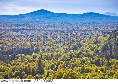 Scenic Highway A6 In Gorski Kotar Region Of Croatia, Viaduct Zeceve Drage Above Green Forests