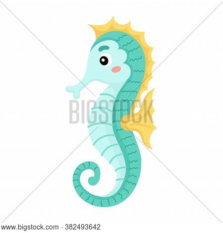 Cute Funny Seahorse Print On White Background. Ocean Cartoon Animal Character For Design Of Album, S
