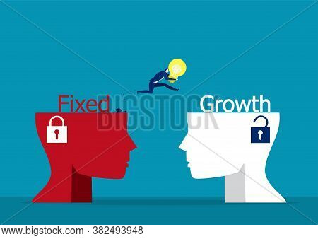 Businessman Holding Light Bulb Jumping To Growth Mindset Head Different Fixed Mindset Concept