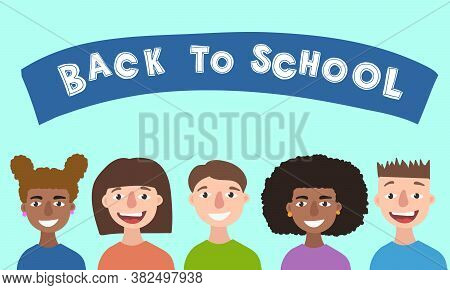 Back To School. Multinational Group Of Smiling Children Isolated. Kids Dressed In Colored T-short St