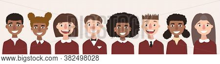 Back To School Template. Multinational Group Of Smiling Children Isolated. Kids Dressed In Uniform S