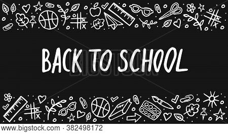 Back To School Vector Lettering And Hand-drawn Chemistry Elements. Template Frame On Black Backgroun