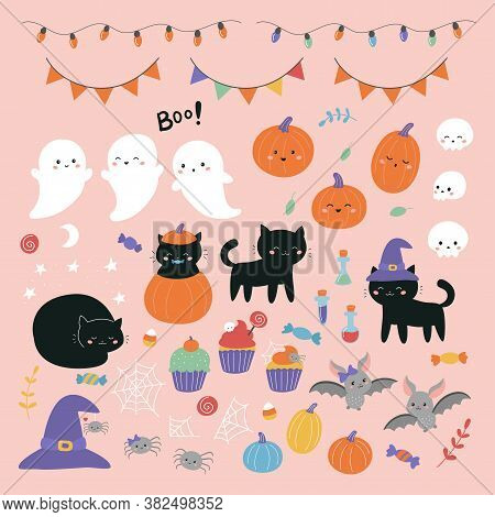 Halloween Clipart Set With Cartoon Characters: Ghosts, Cats, Skulls, Pumpkins, Spiders And Bats. Han