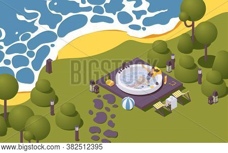 Vector Isometric Large Outdoor Spa Pool Near The Beach, Lightning And Accessories For Bath And Hot T