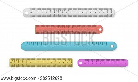Set Of Colorful Plastic Measuring Rulers Isolated On A White Background. Measuring Tool. Ruler In Ce