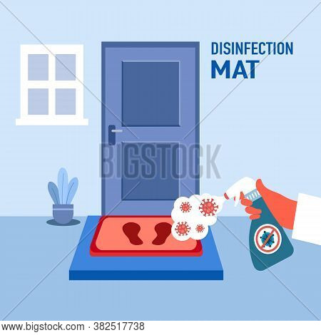 Hand Holding Disinfecting Alcohol Bottle Spraying To Clean Disinfection Mat From Covid-19 Coronaviru