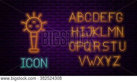 Glowing Neon Line Mace, Symbol Of Ukrainian National Power Icon Isolated On Brick Wall Background. T