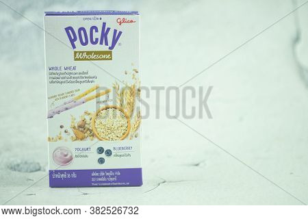 Samut Prakan, Thailand - August 26, 2020 : Glico Pocky Wholesome Blueberry Yogurt An Upgraded Pocky 