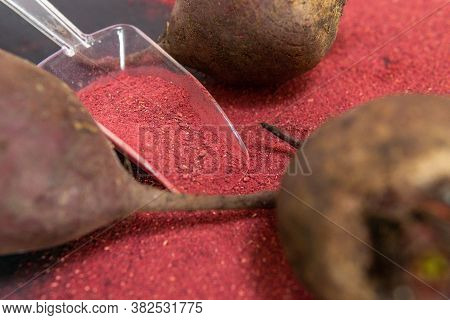 Red Beet, Beta Vulgaris Subspecies. Vulgar Conditiva Contains A Very Intense Red Dye. Flour
