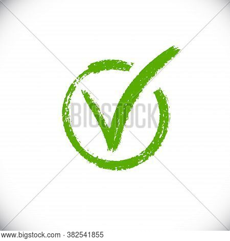 Isolated Ok Icon. Success Button Sign. Hand Draw Tick Mark In Circle. Vector Illustration. Possitive