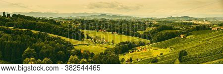 Winery Panorama On The South Styrian Wine Road In Austria. Famous Tuscany Like Spot For Wine Lovers.