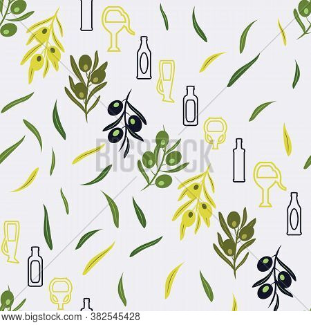 Greek Style Bottles, Jars, Olive Leaves On Grey Background
