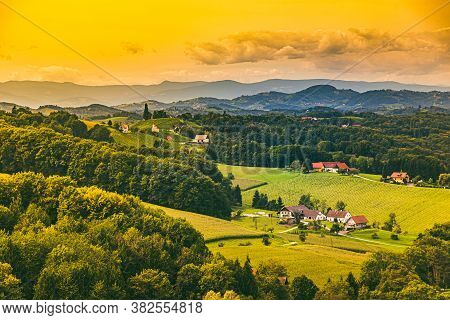 Vineyard Landscape At South Styrian Wine Road In Austria. Famous Tuscany Like Tourist Spot For Wine 