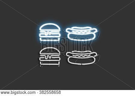 Decorative Burger And Hot Dog Neon Symbol Mockup, 3d Rendering. Catering Of Fastfood Delivery Decora