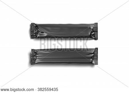 Blank Black Rectangular Chocolate Bar Foil Wrap Mockup, Front Back, 3d Rendering. Empty Dessert Seal
