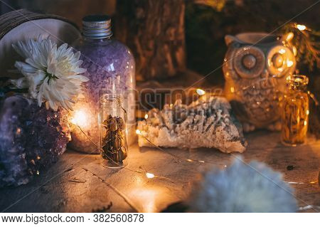 Mysterious Halloween Scene, Witchcraft Practicing, Ritual Candles. Fairytale, Fairies Theme, Gemston