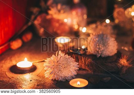Mysterious Halloween Scene, Witchcraft Practicing, Ritual Candles. Fairytale, Fairies Theme, Gemston
